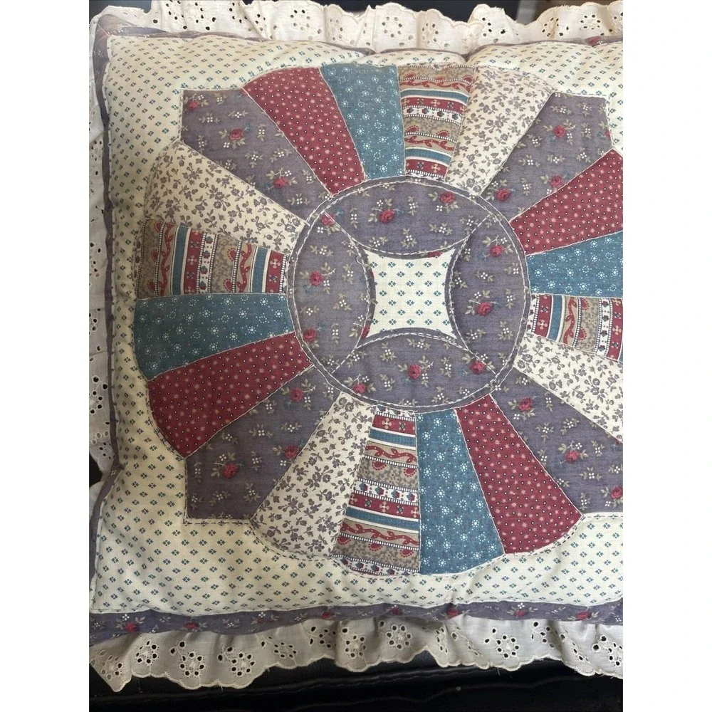 VTG Throw Pillow Handmade Granny's Trunk Quilt Calico Square 18 X 18 Ruffle Lace